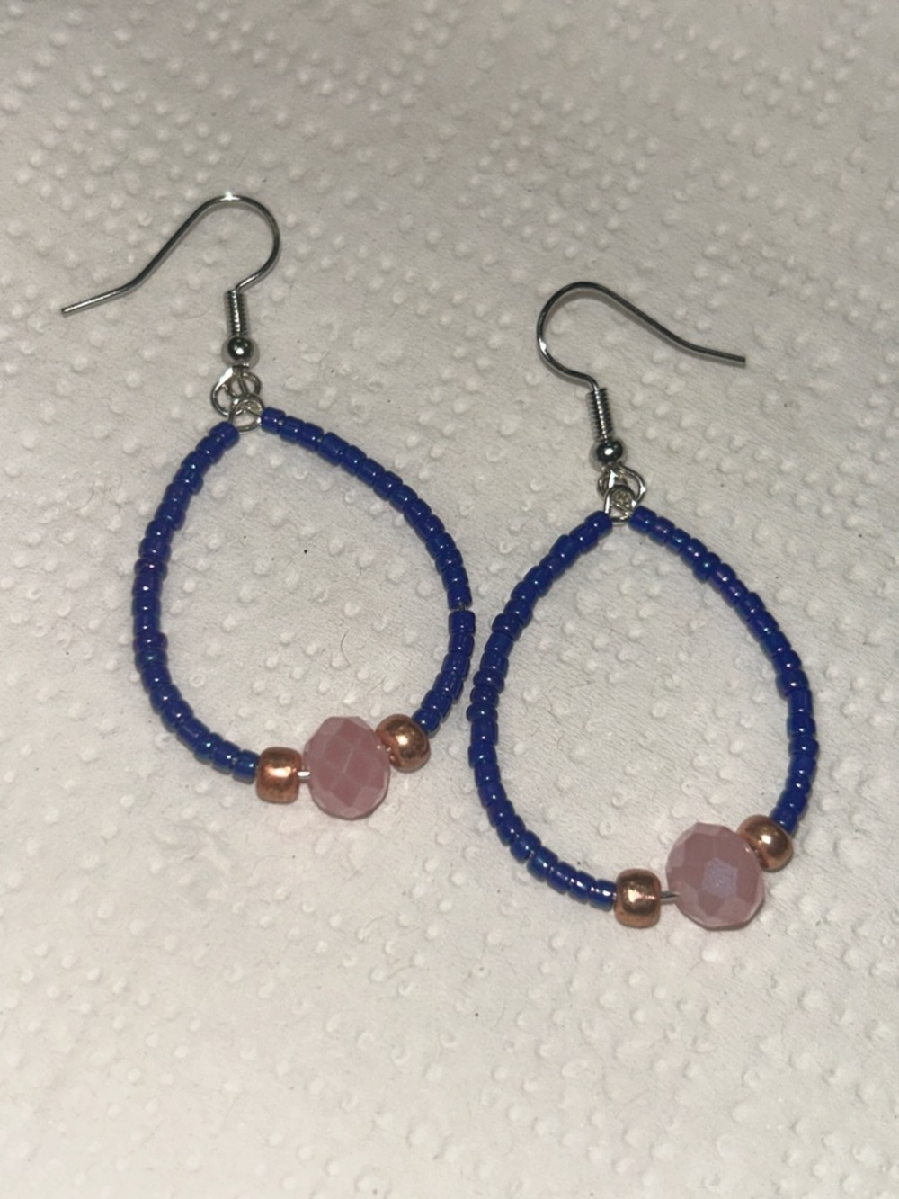 Handmade Blue Beaded Hoop Earrings with Pink Accent Beads
